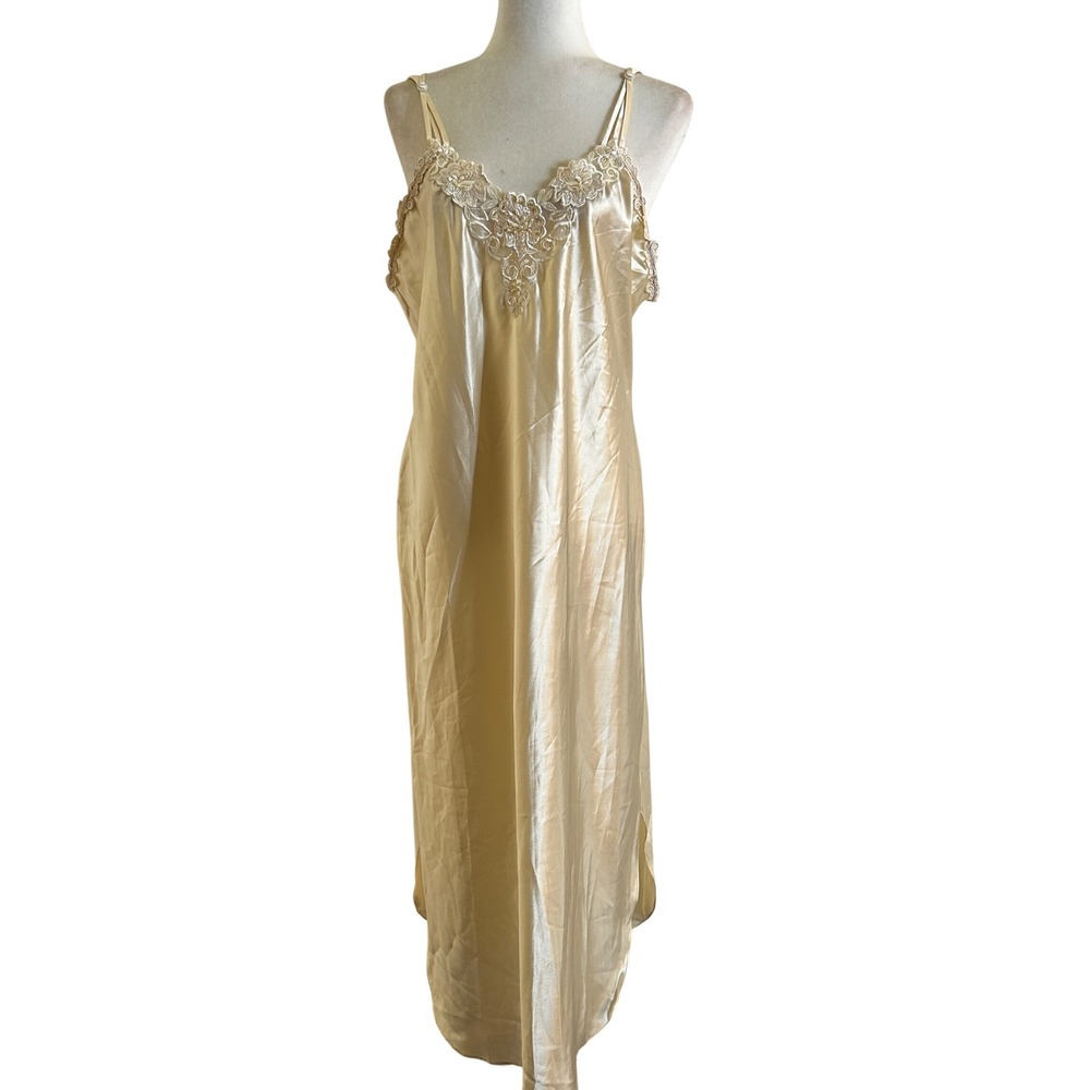 NWT Private Luxuries Satin Nightgown Slip Dress size L Ivory Embroidery Pearl